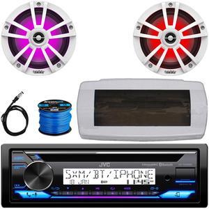 JVC KD-T92MBS Single-DIN Marine Bluetooth USB/AUX CD Player AM/FM Stereo Receiver W/White Cover, 2x 6.5" 225W Max Power Waterproof Coaxial RGB LED Boat White Speakers W/50 Feet 16 Gauge Wire, Antenna