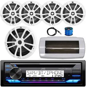 JVC KD-T92MBS Single-DIN Marine Bluetooth USB/AUX CD Player AM/FM Stereo Receiver W/White Cover, 4x 6.5" 180W Max Power 2-Way Boat White Speakers W/Wire, 10" 600W Max Power Subwoofer, 22" Antenna