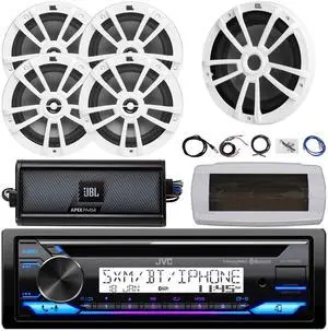 JVC KD-T92MBS Single-DIN Marine Bluetooth USB/AUX CD Player AM/FM Stereo Receiver W/White Cover, 4x 6.5" 180W Max Power 2-Way White Speakers, 10" Subwoofer, 4-Channel Class D Amplifier W/Kit, Antenna