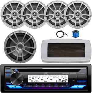 JVC KD-T92MBS Single-DIN Marine Bluetooth USB/AUX CD Player AM/FM Stereo Receiver W/White Cover, 4x 8" 375W Max Power High-Performance Boat Gray Speakers W/Wire, 10" 600W Max Power Subwoofer, Antenna