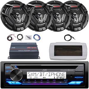 JVC KD-T92MBS Single-DIN Marine Bluetooth USB/AUX CD Player AM/FM Stereo Receiver W/White Cover, 4x 6.5" 150W Max Power 2-Way Coaxial Black Boat Speakers, 4-Channel Compact Amplifier W/Kit, Antenna