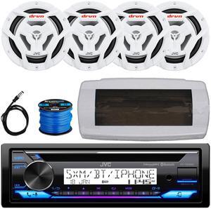 JVC KD-T92MBS Single-DIN Marine Bluetooth USB/AUX CD Player AM/FM Stereo Receiver W/White Cover, 4x 6.5" 150W Max Power 2-Way Coaxial White Boat Speakers, 50 Feet 16G Speaker Wire, 22" Radio Antenna