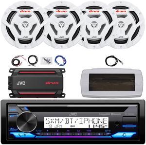 JVC KD-T92MBS Single-DIN Marine Bluetooth USB/AUX CD Player AM/FM Stereo Receiver W/White Cover, 4x 6.5" 150W Max Power 2-Way Coaxial White Boat Speakers, 4-Channel Compact Amplifier W/Kit, Antenna