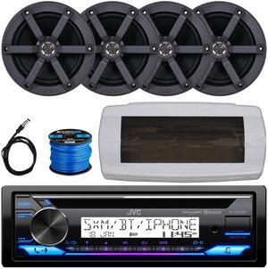 JVC KD-T92MBS Single-DIN Marine Bluetooth USB/AUX CD Player AM/FM Stereo Receiver W/White Cover, 4x 6.5" 100 Watts Max Power 2-Way Boat Speakers, 50 Feet 16 Gauge Speaker Wire, 22" Radio Antenna