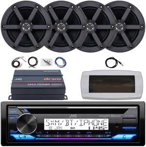 JVC KD-T92MBS Single-DIN Marine Bluetooth USB/AUX CD Player AM/FM Stereo Receiver W/White Cover, 4x 6.5" 100W Max Power 2-Way Boat Speakers, 4-Channel Compact Amplifier W/8 Gauge Wiring Kit, Antenna
