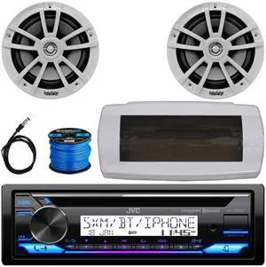 JVC KD-T92MBS Single-DIN Marine Bluetooth USB/AUX CD Player AM/FM Stereo Receiver W/White Cover, 2x 6.5" 225W Max Power High-Performance 2-Way White Boat Speakers W/50 Feet 16 Gauge Wire, 22" Antenna