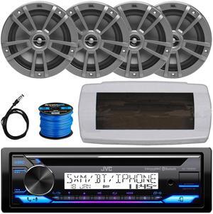 JVC KD-T92MBS Single-DIN Marine Bluetooth USB/AUX CD Player AM/FM Stereo Receiver W/White Cover, 4x 6.5" 180W Max Power 2-Way Multi-Element Boat Gray Speakers, 50 Feet 16G Speaker Wire, 22" Antenna