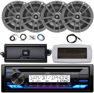 JVC KD-T92MBS Single-DIN Marine Bluetooth USB/AUX CD Player AM/FM Stereo Receiver W/White Cover, 4x 6.5" 180W Max Power 2-Way Multi-Element Boat Gray Speakers, 4-Channel Amplifier W/Kit, Antenna