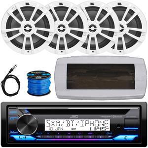 JVC KD-T92MBS Single-DIN Marine Bluetooth USB/AUX CD Player AM/FM Stereo Receiver W/White Cover, 4x 6.5" 180W Max Power 2-Way Multi-Element Boat White Speakers, 50 Feet 16G Speaker Wire, 22" Antenna
