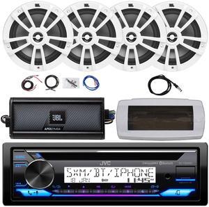 JVC KD-T92MBS Single-DIN Marine Bluetooth USB/AUX CD Player AM/FM Stereo Receiver W/White Cover, 4x 6.5" 180W Max Power 2-Way Multi-Element White Speakers, 4-Channel Class D Amplifier W/Kit, Antenna