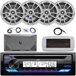 JVC KD-T92MBS Single-DIN Marine Bluetooth USB/AUX CD Player AM/FM Stereo Receiver W/White Cover, 4x 8" 375W Max Power High-Performance Boat Gray Speakers, 4-Channel Compact Amplifier W/Kit, Antenna