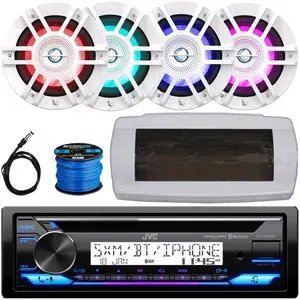 JVC KD-T92MBS Single-DIN Marine Bluetooth USB/AUX CD Player AM/FM Stereo Receiver W/White Cover, 4x 6.5" 300W Max 2-Way Coaxial White Boat RGB LED Speakers, 50 Feet 16 Gauge Speaker Wire, 22" Antenna