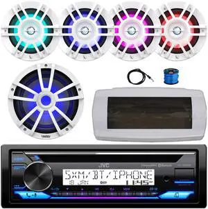 JVC KD-T92MBS Single-DIN Marine Bluetooth USB/AUX CD Player AM/FM Stereo Receiver W/White Cover, 4x 6.5" 300W Max 2-Way White RGB LED Boat Speakers W/Wire, 10" RGB LED Multi-Element Subwoofer, Antenna