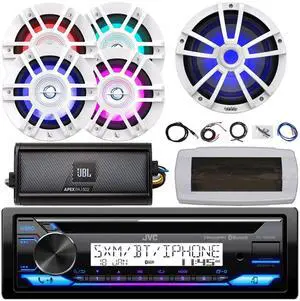 JVC KD-T92MBS Single-DIN Marine Bluetooth USB/AUX CD Player AM/FM Stereo Receiver W/White Cover, 4x 6.5" 300W Max White RGB LED Boat Speakers, 10" RGB LED Subwoofer, 2-Channel Amplifier W/Kit, Antenna