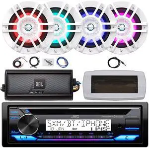 JVC KD-T92MBS Single-DIN Marine Bluetooth USB/AUX CD Player AM/FM Stereo Receiver W/White Cover, 4x 6.5" 300W Max 2-Way Coaxial White Boat RGB LED Speakers, 2-Channel Class D Amplifier W/Kit, Antenna