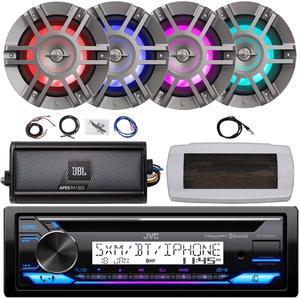 JVC KD-T92MBS Single-DIN Marine Bluetooth USB/AUX CD Player AM/FM Stereo Receiver W/White Cover, 4x 6.5" 300W Max 2-Way Titanium Boat RGB LED Speakers, 2-Channel Class D Amplifier W/Kit, Antenna