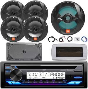 JVC KD-T92MBS Single-DIN Marine Bluetooth USB/AUX CD Player AM/FM Stereo Receiver W/White Cover, 4x 6.5" 225W Max Power Black Boat Speakers, 10" RGB LED Subwoofer, 4-Channel Amplifier W/Kit, Antenna