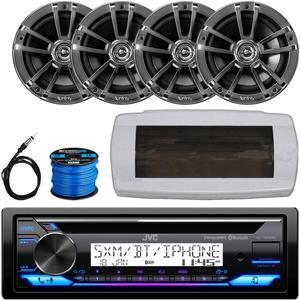 JVC KD-T92MBS Single-DIN Marine Bluetooth USB/AUX CD Player AM/FM Stereo Receiver W/White Cover, 4x 6.5" 225W Max Power High-Performance 2-Way Boat Chrome Speakers W/50 Feet 16 Gauge Wire, 22" Antenna
