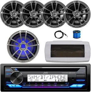 JVC KD-T92MBS Single-DIN Marine Bluetooth USB/AUX CD Player AM/FM Stereo Receiver W/White Cover, 4x 6.5" 225W Max Power 2-Way Chrome Speakers W/Wire, 10" Multi-Element RGB LED Subwoofer, 22" Antenna