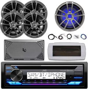 JVC KD-T92MBS Single-DIN Marine Bluetooth USB/AUX CD Player AM/FM Stereo Receiver W/White Cover, 4x 6.5" 225W Max Power 2-Way Chrome Speakers, 10" RGB LED Subwoofer, 4-Channel Amplifier W/Kit, Antenna
