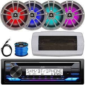 JVC KD-T92MBS Single-DIN Marine Bluetooth USB/AUX CD Player AM/FM Stereo Receiver W/White Cover, 4x 6.5" 225W Max Power Waterproof Coaxial RGB LED Boat Titanium Speakers W/50 Feet 16G Wire, Antenna