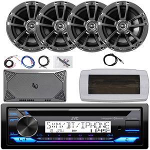 JVC KD-T92MBS Single-DIN Marine Bluetooth USB/AUX CD Player AM/FM Stereo Receiver W/White Cover, 4x 6.5" 225W Max Power High-Performance 2-Way Boat Chrome Speakers, 4-Channel Amplifier W/Kit, Antenna