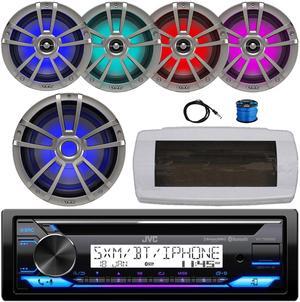 JVC KD-T92MBS Single-DIN Marine Bluetooth USB/AUX CD Player AM/FM Stereo Receiver W/White Cover, 4x 6.5" 225W Max Power RGB LED Titanium Speakers W/Wire, 10" Multi-Element RGB LED Subwoofer, Antenna