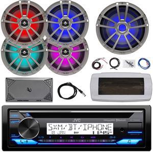 JVC KD-T92MBS Single-DIN Marine Bluetooth USB/AUX CD Player AM/FM Stereo Receiver W/White Cover, 4x 6.5" 225W Max Power RGB LED Speakers, 10" RGB LED Subwoofer, 4-Channel Amplifier W/Kit, Antenna