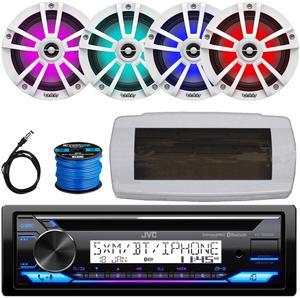 JVC KD-T92MBS Single-DIN Marine Bluetooth USB/AUX CD Player AM/FM Stereo Receiver W/White Cover, 4x 6.5" 225W Max Power Waterproof Coaxial RGB LED Boat White Speakers W/50 Feet 16 Gauge Wire, Antenna