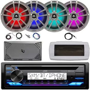 JVC KD-T92MBS Single-DIN Marine Bluetooth USB/AUX CD Player AM/FM Stereo Receiver W/White Cover, 4x 6.5" 225W Max Power Waterproof RGB LED Boat Titanium Speakers, 4-Channel Amplifier W/Kit, Antenna
