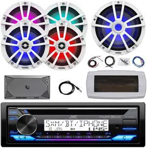 JVC KD-T92MBS Single-DIN Marine Bluetooth USB/AUX CD Player AM/FM Stereo Receiver W/White Cover, 4x 6.5" 225W Max Power White Boat Speakers, 10" RGB LED Subwoofer, 4-Channel Amplifier W/Kit, Antenna
