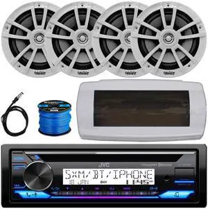 JVC KD-T92MBS Single-DIN Marine Bluetooth USB/AUX CD Player AM/FM Stereo Receiver W/White Cover, 4x 6.5" 225W Max Power High-Performance 2-Way White Boat Speakers W/50 Feet 16 Gauge Wire, 22" Antenna