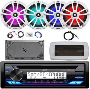 JVC KD-T92MBS Single-DIN Marine Bluetooth USB/AUX CD Player AM/FM Stereo Receiver W/White Cover, 4x 6.5" 225W Max Power RGB LED White Boat Speakers, 4-Channel Compact Amplifier W/8-Gauge Kit, Antenna