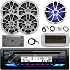 JVC KD-T92MBS Single-DIN Marine Bluetooth USB/AUX CD Player AM/FM Stereo Receiver W/White Cover, 4x 6.5" 225W Max Power 2-Way White Boat Speakers, 10" Subwoofer, 4 Channel Amplifier W/Kit, Antenna