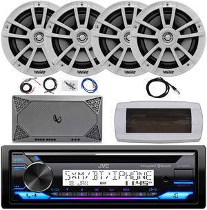 JVC KD-T92MBS Single-DIN Marine Bluetooth USB/AUX CD Player AM/FM Stereo Receiver W/White Cover, 4x 6.5" 225W Max Power High-Performance 2-Way White Boat Speakers, 4 Channel Amplifier W/Kit, Antenna