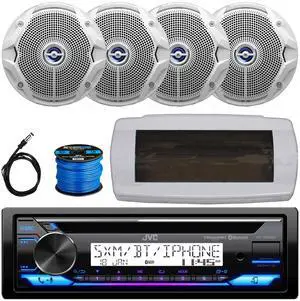 JVC KD-T92MBS Single-DIN Marine Bluetooth USB/AUX CD Player AM/FM Stereo Receiver W/White Cover, 4x JBL 6.5" 180W Max Power Dual Cone Coaxial White Boat Speakers, 50 Feet 16G Speaker Wire, 22" Antenna