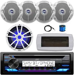 JVC KD-T92MBS Single-DIN Marine Bluetooth USB/AUX CD Player AM/FM Stereo Receiver W/White Cover, 4x 6.5" 180W Max Power Dual Cone White Boat Speakers W/Wire, 10" Multi-Element Subwoofer, 22" Antenna