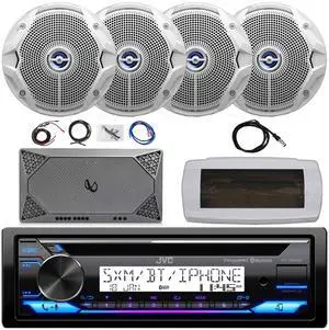 JVC KD-T92MBS Single-DIN Marine Bluetooth USB/AUX CD Player AM/FM Stereo Receiver W/White Cover, 4x JBL 6.5" 180W Max Power Dual Cone Coaxial White Boat Speakers, 4-Channel Amplifier W/Kit, Antenna