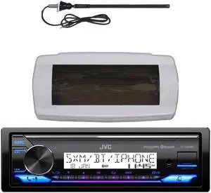 JVC KD-X38MBS Single-DIN Marine Bluetooth USB/AUX LED AM/FM SiriusXM Ready Stereo Receiver W/White Boat Stereo Splash Cover Bundle Combo With Black Flexible Rubber Mast Long Range Radio Antenna