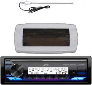 JVC KD-X38MBS Single-DIN Marine Bluetooth USB/AUX LED AM/FM SiriusXM Ready Stereo Receiver W/White Boat Stereo Splash Cover Bundle Combo With White Flexible Rubber Mast Long Range Radio Antenna