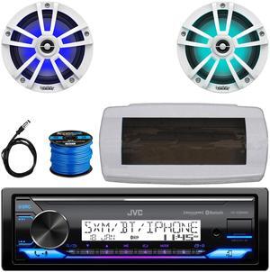 JVC KD-X38MBS Single-DIN Marine Bluetooth USB/AUX LED AM/FM SiriusXM Ready Stereo Receiver W/White Cover, 2x 6.5" 225W Max Power Waterproof Coaxial Boat White Speakers, 50 Feet Speaker Wire, Antenna