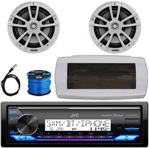 JVC KD-X38MBS Single-DIN Marine Bluetooth USB/AUX LED AM/FM SiriusXM Ready Stereo Receiver W/White Cover, 2x 6.5" 225W Max Power High-Performance 2-Way Boat Speakers W/50 Feet 16G Wire, Radio Antenna