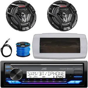 JVC KD-X38MBS Single-DIN Marine Bluetooth USB/AUX LED AM/FM SiriusXM Ready Stereo Receiver W/White Cover, 2x 6.5" 150W Max Power 2-Way Coaxial Black Boat Speakers W/50 Feet 16G Wire, 22" Radio Antenna