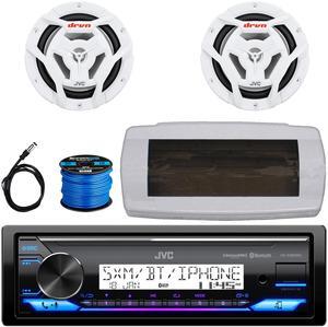JVC KD-X38MBS Single-DIN Marine Bluetooth USB/AUX LED AM/FM SiriusXM Ready Stereo Receiver W/White Cover, 2x 6.5" 150W Max Power 2-Way Coaxial White Boat Speakers, 50 Feet Speaker Wire, 22" Antenna