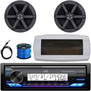 JVC KD-X38MBS Single-DIN Marine Bluetooth USB/AUX LED AM/FM SiriusXM Ready Stereo Receiver W/White Cover, 2x 6.5" 100 Watts Max Power 2-Way Boat Speakers, 50 Feet 16 Gauge Speaker Wire, 22" Antenna