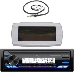 JVC KD-X38MBS Single-DIN Marine Bluetooth USB/AUX LED AM/FM SiriusXM Ready Stereo Receiver W/White Boat Stereo Splash Cover Bundle Combo With Black Flexible Hideaway Wired 22" Radio Antenna