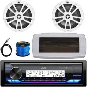 JVC KD-X38MBS Single-DIN Marine Bluetooth USB/AUX LED AM/FM SiriusXM Ready Stereo Receiver W/White Cover, 2x 6.5" 180W Max Power 2-Way Multi-Element Boat White Speakers, 50 Feet Speaker Wire, Antenna