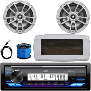 JVC KD-X38MBS Single-DIN Marine Bluetooth USB/AUX LED AM/FM SiriusXM Ready Stereo Receiver W/White Cover, 2x 8" 375W Max Power High-Performance Boat Gray Speakers, 50 Feet Speaker Wire, Radio Antenna