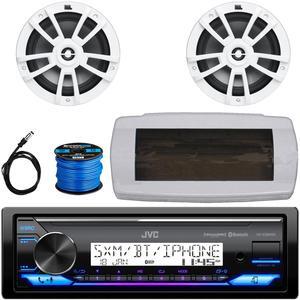 JVC KD-X38MBS Single-DIN Marine Bluetooth USB/AUX LED AM/FM SiriusXM Ready Stereo Receiver W/White Cover, 2x 8" 375W Max Power High-Performance Boat White Speakers, 50 Feet Speaker Wire, 22" Antenna