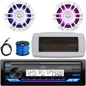 JVC KD-X38MBS Single-DIN Marine Bluetooth USB/AUX LED AM/FM SiriusXM Ready Stereo Receiver W/White Cover, 2x 6.5" 300W Max 2-Way Coaxial White Boat RGB LED Speakers W/50 Feet Wire, 22" Radio Antenna